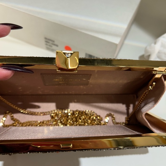 Authentic Jimmy Choo Coarse glitter Celeste clutch with chain antique gold - Picture 6 of 7